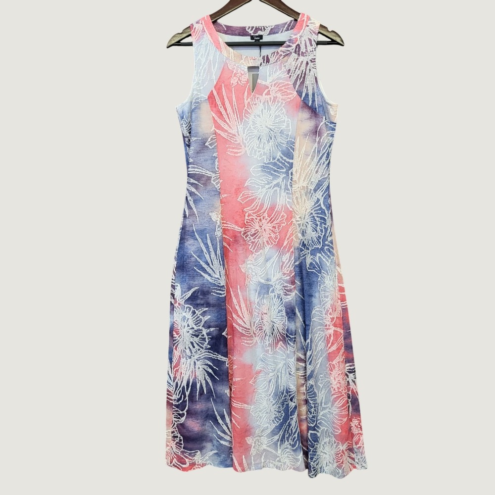 Shana Destiny Dress Women Small Blue Pink NEW Floral Burnout Keyhole Midi